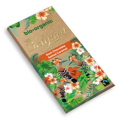 BELGIAN ORGANIC BAR SALTED CARAMEL 72% DARK CHOCOLATE  90 G.